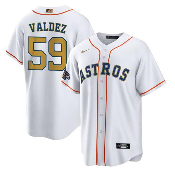 Men's Houston Astros #59 Framber Valdez White/Gold Cool Base Stitched Baseball Jersey